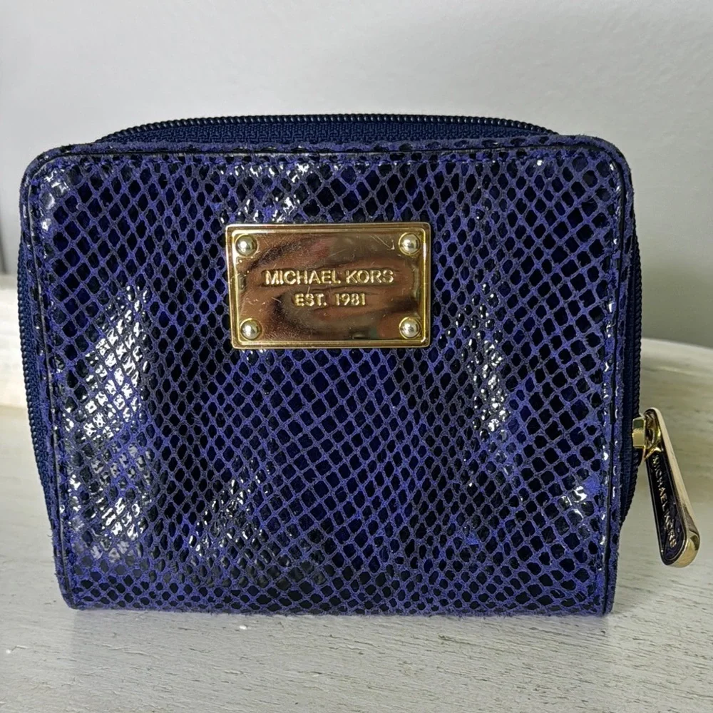Michael Kors Blue Snakeskin EmbossedTextured Wallet with Gold Hardware